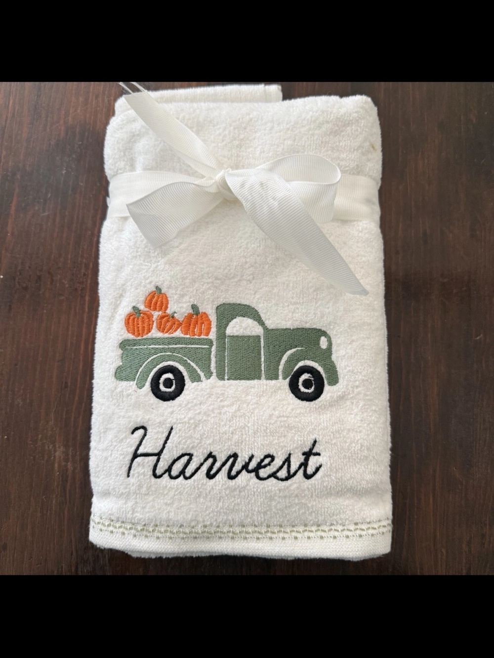 White 'Harvest' Embroidered 2 Hand Towels with Green Truck and Orange Pumpkins